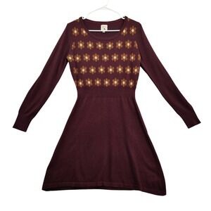 Yumi Womens Retro Mod Cottagecore Wool Blend Sweater Dress 8/10 Maroon Floral